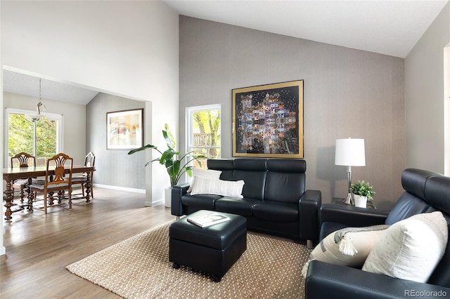 10572 E Orchard Pl, Englewood, CO 80111 - living area with wood finished floors, baseboards, and high vaulted ceiling
