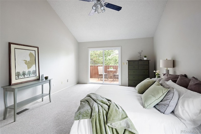 10572 E Orchard Pl, Englewood, CO 80111 - bedroom with lofted ceiling, access to exterior, carpet, a textured ceiling, and ceiling fan