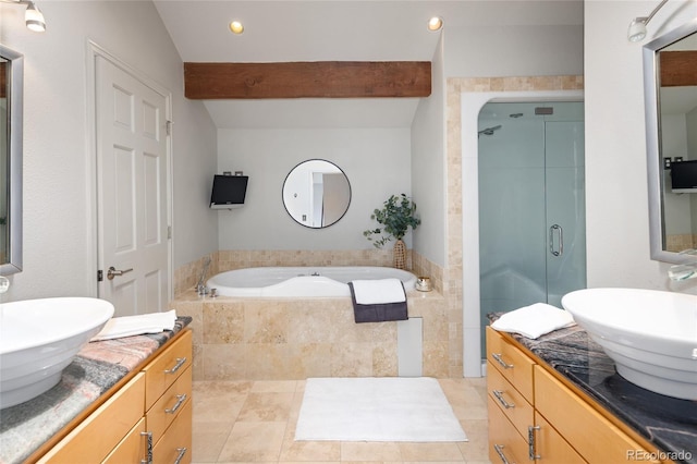 10572 E Orchard Pl, Englewood, CO 80111 - full bath featuring two vanities, a stall shower, a garden tub, tile patterned floors, and beam ceiling