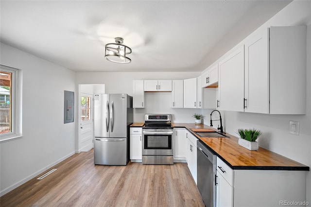 1607 Shasta Dr, Colorado Springs, CO 80910 - kitchen with stainless steel appliances, a sink, butcher block counters, electric panel, and light wood-type flooring