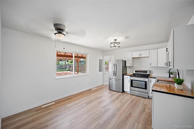 1607 Shasta Dr, Colorado Springs, CO 80910 - kitchen featuring appliances with stainless steel finishes, a sink, white cabinetry, light wood-style floors, and wood counters