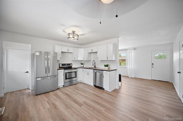 1607 Shasta Dr, Colorado Springs, CO 80910 - kitchen with appliances with stainless steel finishes, a sink, dark countertops, and white cabinets