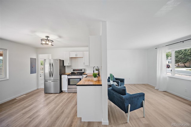 1607 Shasta Dr, Colorado Springs, CO 80910 - kitchen featuring appliances with stainless steel finishes, a sink, electric panel, light wood-style flooring, and white cabinetry