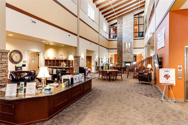 reception area with a multi sided fireplace