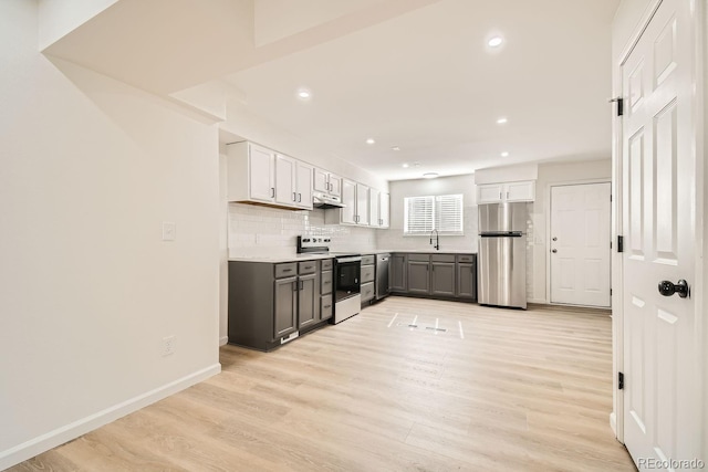 kitchen featuring appliances with stainless steel finishes, light wood-type flooring, tasteful backsplash, sink, and white cabinets