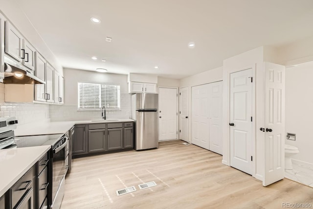 kitchen featuring sink, stainless steel appliances, backsplash, light hardwood / wood-style floors, and gray cabinets