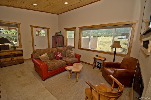 living room featuring wood ceiling and a fireplace