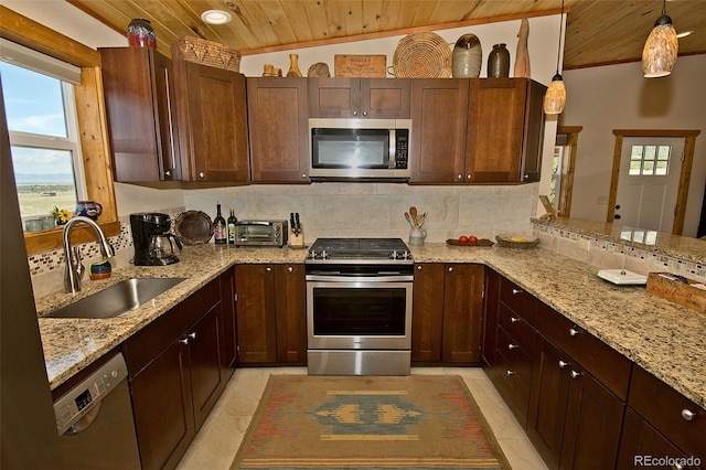 kitchen featuring vaulted ceiling, light stone counters, appliances with stainless steel finishes, and wooden ceiling