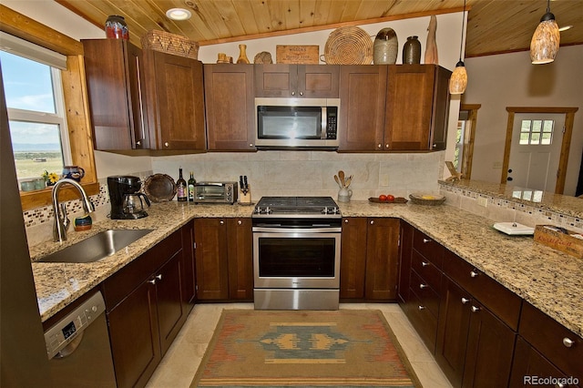 3421 Camino Del Rey, Crestone, CO 81131 - kitchen featuring appliances with stainless steel finishes, wooden ceiling, a sink, light stone countertops, and pendant lighting