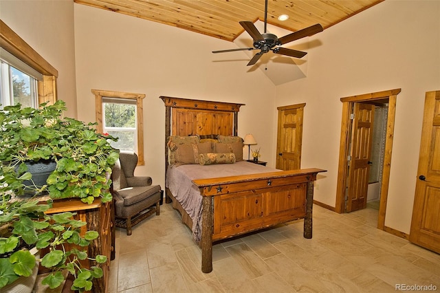 bedroom with wood ceiling, ceiling fan, and high vaulted ceiling