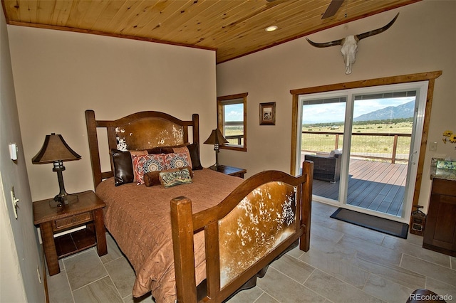 bedroom featuring access to exterior, ornamental molding, and wooden ceiling