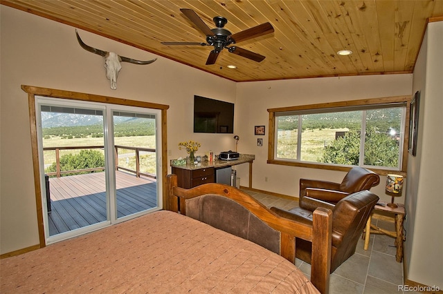 tiled bedroom featuring wood ceiling, lofted ceiling, access to exterior, and ceiling fan