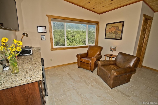 sitting room with wooden ceiling and lofted ceiling