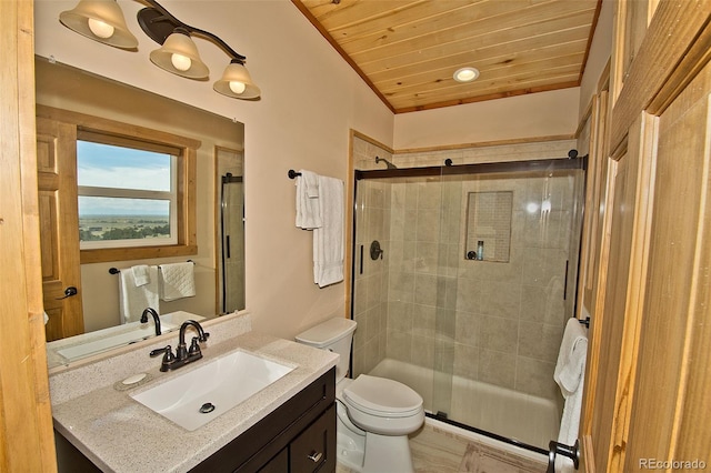 bathroom featuring vanity, walk in shower, wood ceiling, toilet, and ornamental molding