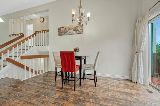 19140 E Milan Cir, Aurora, CO 80013 - dining area featuring a notable chandelier, stairs, baseboards, wood finished floors, and visible vents