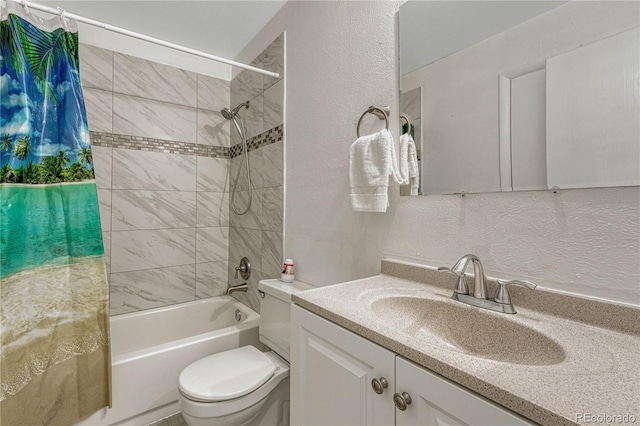 19140 E Milan Cir, Aurora, CO 80013 - bathroom featuring toilet, a textured wall, shower / bath combo, and vanity