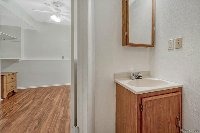 19140 E Milan Cir, Aurora, CO 80013 - bathroom featuring vanity, ceiling fan, and wood finished floors