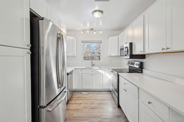 kitchen featuring sink, stainless steel appliances, white cabinets, and light wood-type flooring