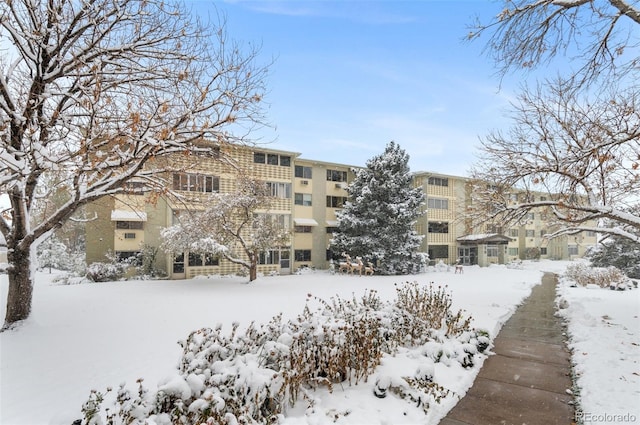 view of snow covered building