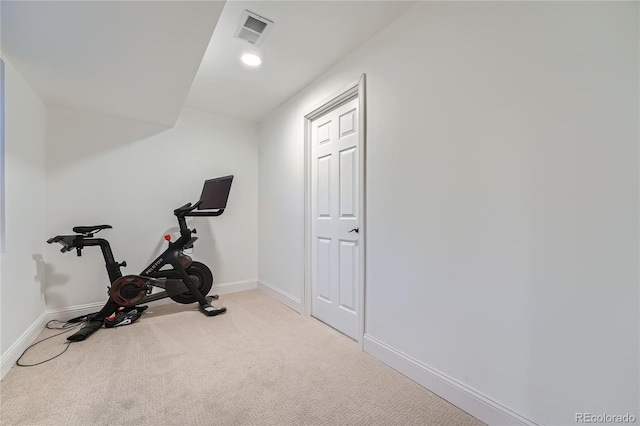 workout area featuring light carpet