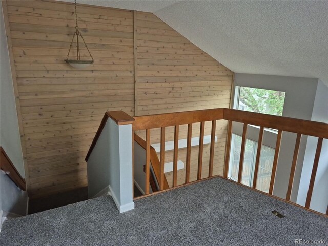 2238 S Nile Ct, Aurora, CO 80014 - stairway featuring carpet, lofted ceiling, a textured ceiling, and wooden walls