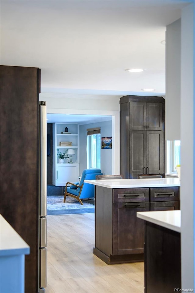 kitchen with built in features, light wood-type flooring, and dark brown cabinetry