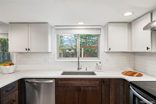 kitchen with dark brown cabinetry, white cabinetry, dishwasher, and sink