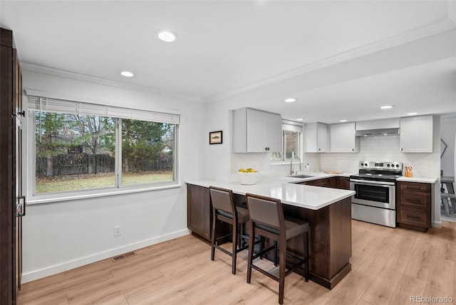 kitchen featuring a breakfast bar, white cabinets, sink, electric range, and kitchen peninsula