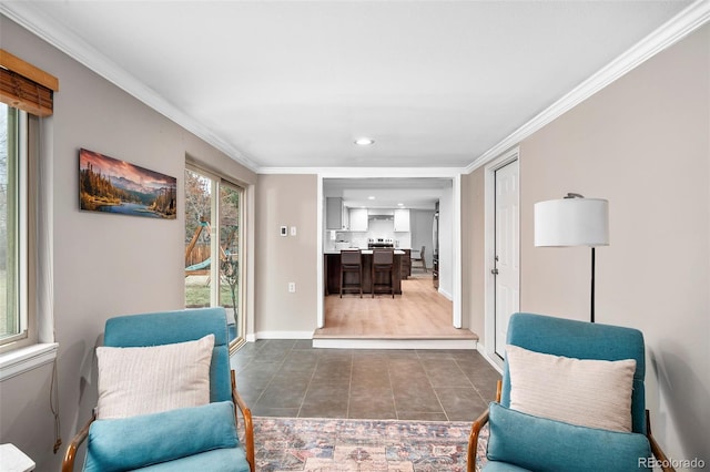 living area with dark tile patterned floors and ornamental molding