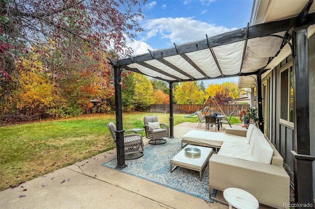 view of patio / terrace featuring an outdoor living space and a pergola