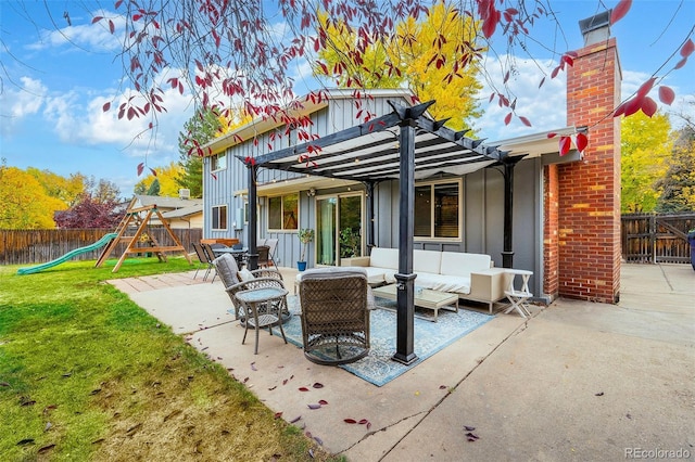 rear view of house with a playground, a yard, a patio, and an outdoor hangout area