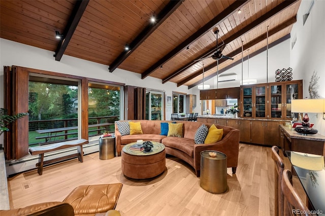 3 Twilight Dr, Wheat Ridge, CO 80215 - living area with a wooden ceiling with exposed beams, a wall mounted AC, light wood-style flooring, high vaulted ceiling, and a baseboard heating unit