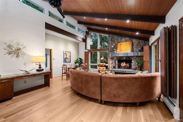 3 Twilight Dr, Wheat Ridge, CO 80215 - living area featuring baseboard heating, a fireplace, a wooden ceiling with exposed beams, high vaulted ceiling, and light wood-style flooring