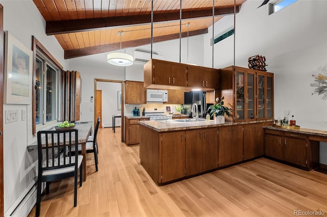 3 Twilight Dr, Wheat Ridge, CO 80215 - kitchen featuring white appliances, a wood ceiling with exposed beams, a peninsula, light wood-style flooring, and brown cabinets