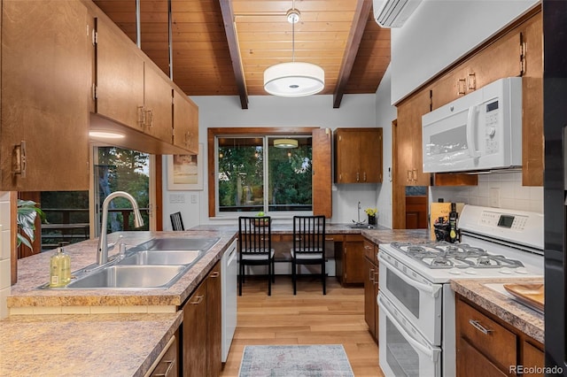 3 Twilight Dr, Wheat Ridge, CO 80215 - kitchen featuring white appliances, a wood ceiling with exposed beams, light wood-type flooring, backsplash, and healthy amount of natural light