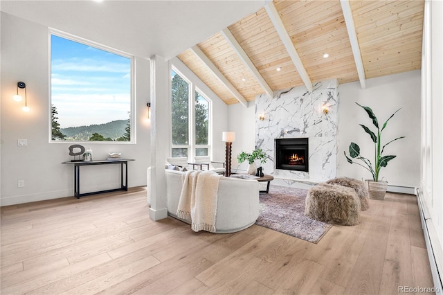 2289 Hiwan Dr, Evergreen, CO 80439 - living area with wood finished floors, a high end fireplace, wooden ceiling, and baseboard heating