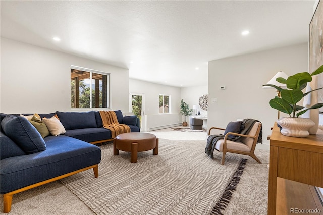 2289 Hiwan Dr, Evergreen, CO 80439 - living area with carpet flooring, baseboard heating, and recessed lighting