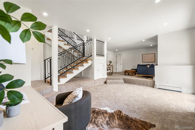 2289 Hiwan Dr, Evergreen, CO 80439 - carpeted living area featuring baseboard heating, stairway, and recessed lighting