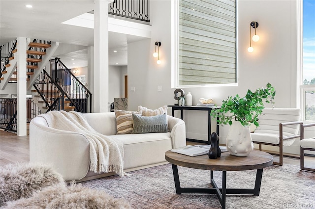 2289 Hiwan Dr, Evergreen, CO 80439 - living room with stairs, wood finished floors, and recessed lighting