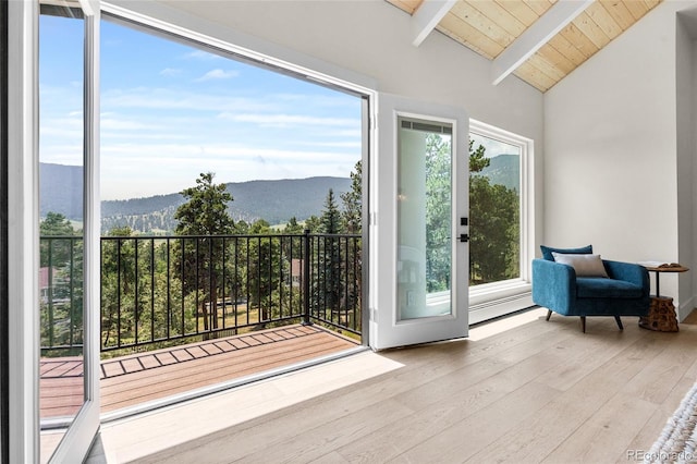 2289 Hiwan Dr, Evergreen, CO 80439 - doorway to outside with a mountain view, wooden ceiling, and hardwood / wood-style floors