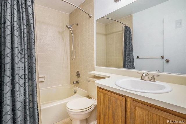 bathroom featuring shower / bath combo with shower curtain, toilet, and vanity