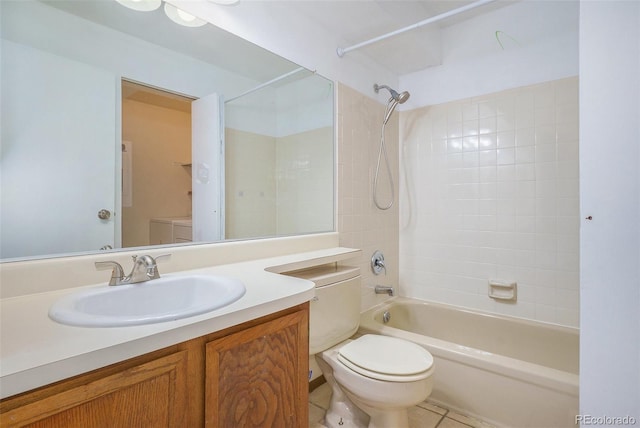 bathroom featuring toilet, shower / bathtub combination, and vanity