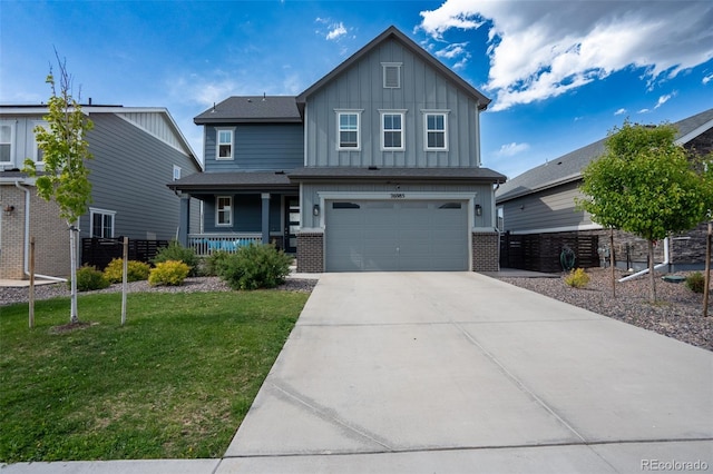 26985 E Bayaud Ave, Aurora, CO 80018 - craftsman-style house featuring a porch, board and batten siding, driveway, an attached garage, and brick siding