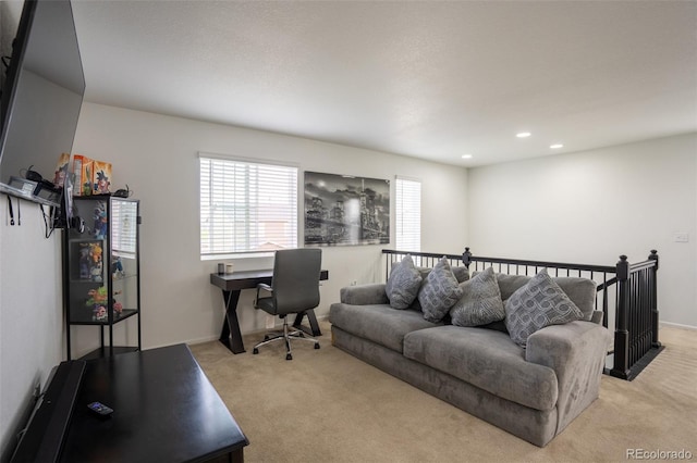 26985 E Bayaud Ave, Aurora, CO 80018 - living room featuring light carpet, an office area, and recessed lighting