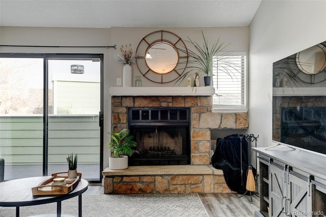 living area with light wood-style flooring and a fireplace