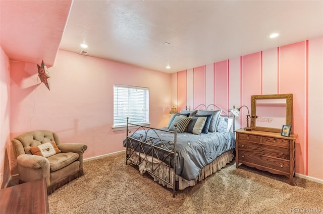 carpeted bedroom with recessed lighting, visible vents, and baseboards