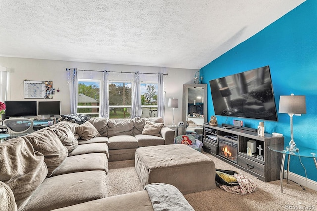1390 W 78th Cir, Denver, CO 80221 - carpeted living area with a textured ceiling and a glass covered fireplace