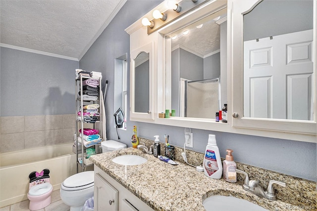 1390 W 78th Cir, Denver, CO 80221 - full bathroom featuring a textured ceiling, crown molding, double vanity, a bathtub, and a shower