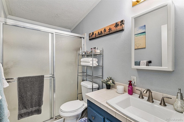 1390 W 78th Cir, Denver, CO 80221 - bathroom with a textured ceiling, vanity, a shower stall, crown molding, and a textured wall