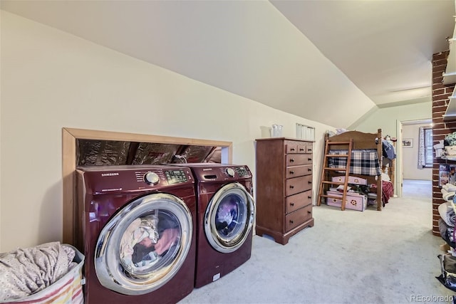 laundry room featuring light carpet and washing machine and clothes dryer